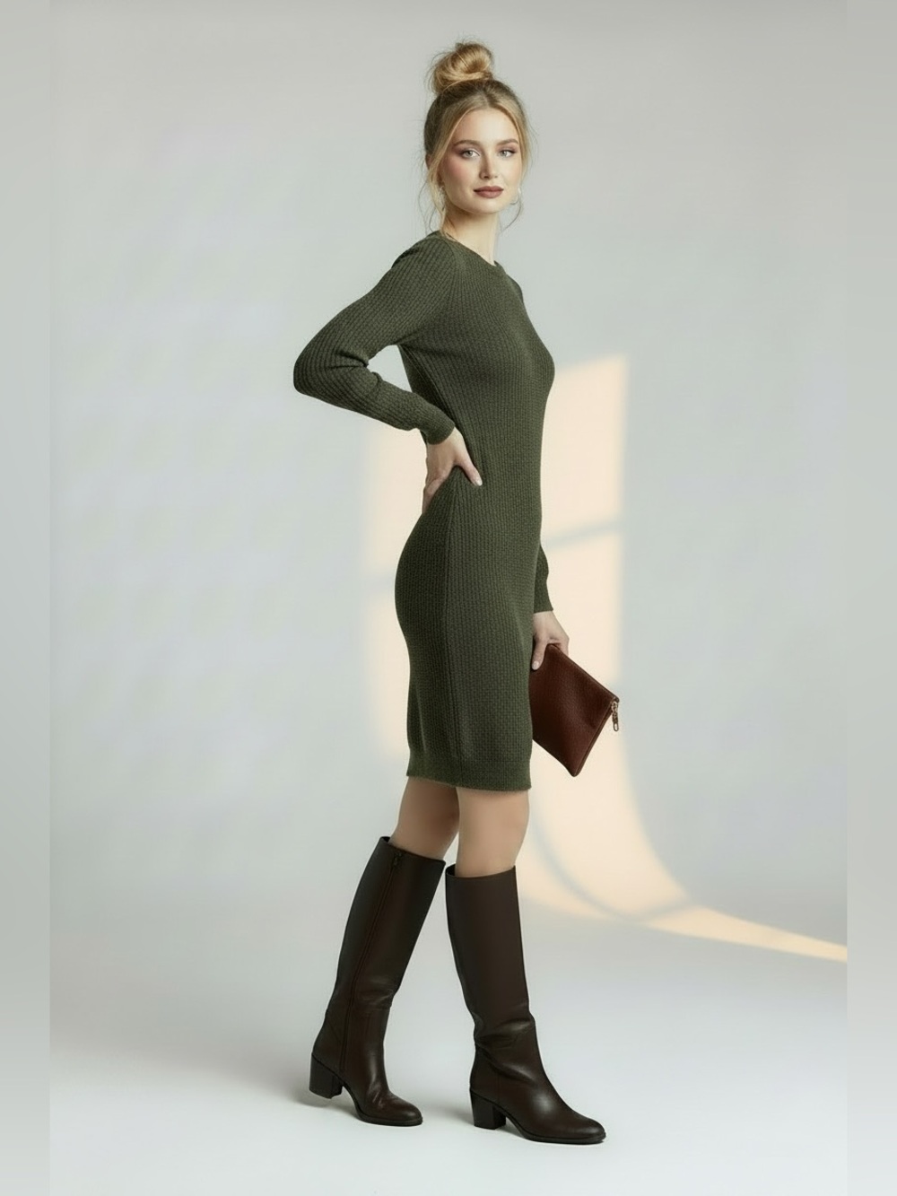 a new day Olive Green Long Sleeve Knit Sweater Dress
